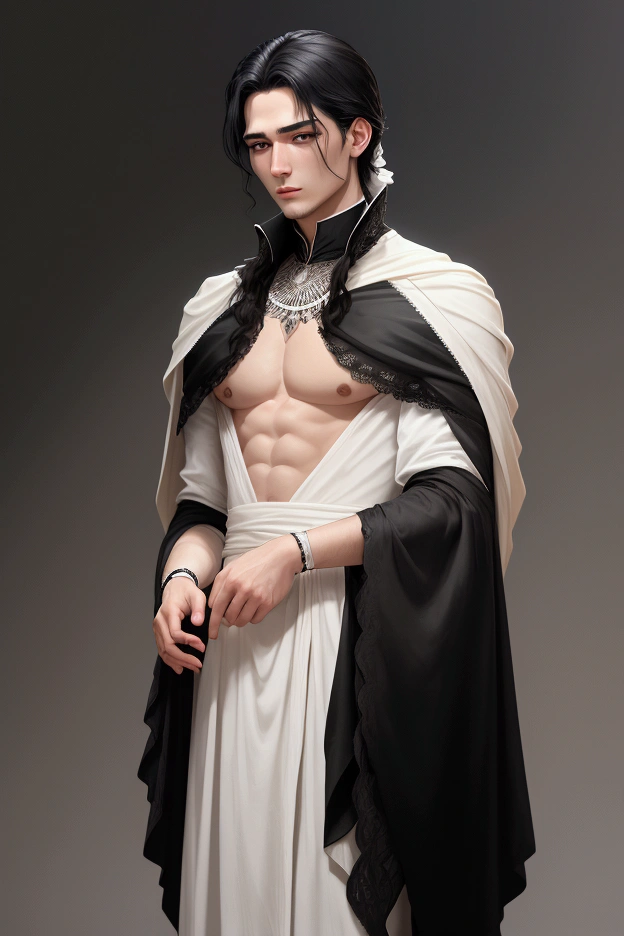 He was not very tall, with a slender build and delicate features. His skin was smooth and white, like flawless marble, while his onyx eyes were like darkly glistening gems. His raven-black hair was carelessly gathered in a knot, and there was a subtle sense of calm confidence to him... one that seemed understated, but almost demanded attention

He was like an elegant porcelain doll dressed in fine black silk.

This softer kind of beauty of his was so unlike the rugged handsomeness of the seasoned warriors