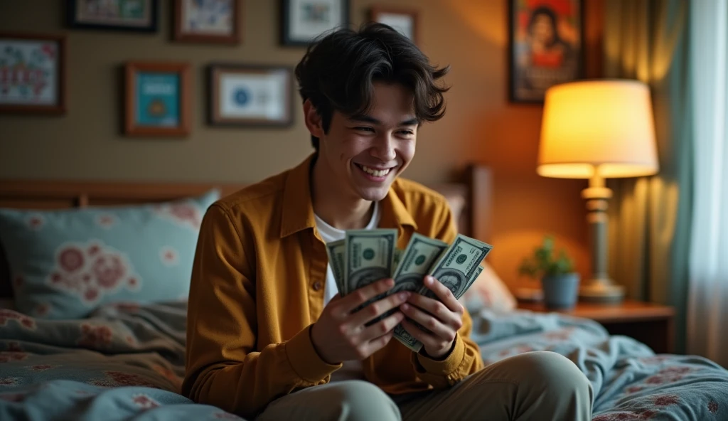 Young man in his room smiling while counting money in ultra realistic style seen in a 3-way perspective/4
