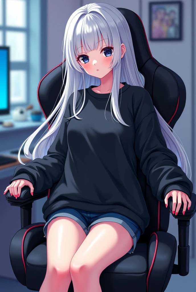Anime style Short girl with long white hair down to her ankles, black eyes, wearing a large black sweatshirt and blue shorts, one lens, sitting in a gaming chair, with big breasts small waist and big hips and thighs