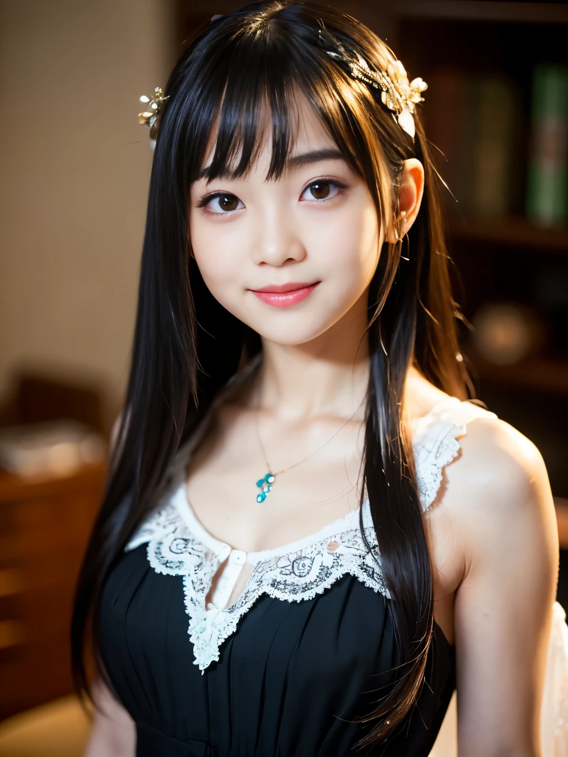 (Best-quality, Masterpiece, Ultra-High-Resolution, (Photorealistic:1.4), Raw Photo, depth of field, professional lighting, perfect anatomy, extremely details), 1girl, -yeld, thost famous Japanese-idol, having fun at home-party, wearing cute-lacy casual-dress with cute-design, looking at viewer, innocent-smile, (((extremely beautiful and extremely realistic skins))), (((extremely big black-eyes))), black-long-hair, long-eyelashes, most-lips, childish body