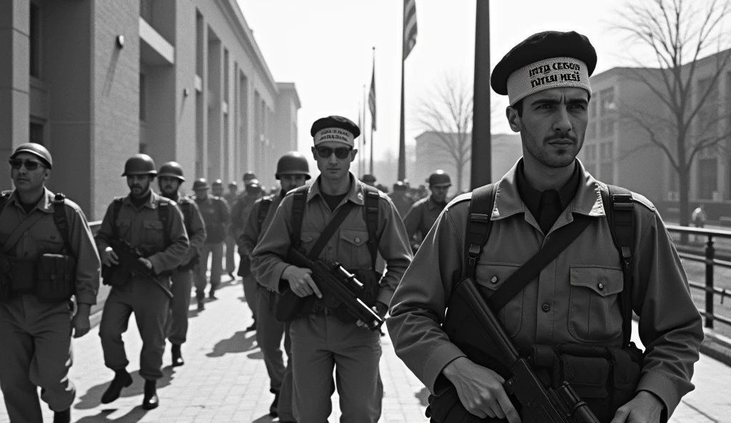 An old photograph depicting the moment Iranian revolutionary guards entered the U.S. Embassy in Tehran during the hostage crisis. The guards, wearing military fatigues and headbands with revolutionary slogans, are captured forcefully entering the embassy grounds. The building is detailed with the American flag being lowered in the background. The grainy, slightly faded image reflects the tension and gravity of the event, captured with the cameras of the time.