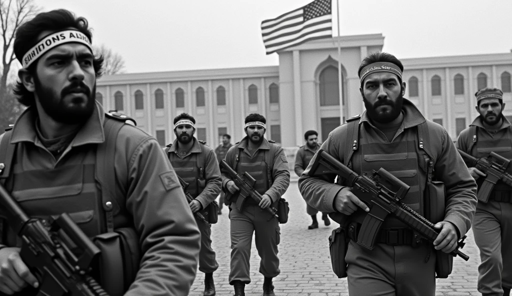 An old photograph depicting the moment Iranian revolutionary guards entered the U.S. Embassy in Tehran during the hostage crisis. The guards, wearing military fatigues and headbands with revolutionary slogans, are captured forcefully entering the embassy grounds. The building is detailed with the American flag being lowered in the background. The grainy, slightly faded image reflects the tension and gravity of the event, captured with the cameras of the time.