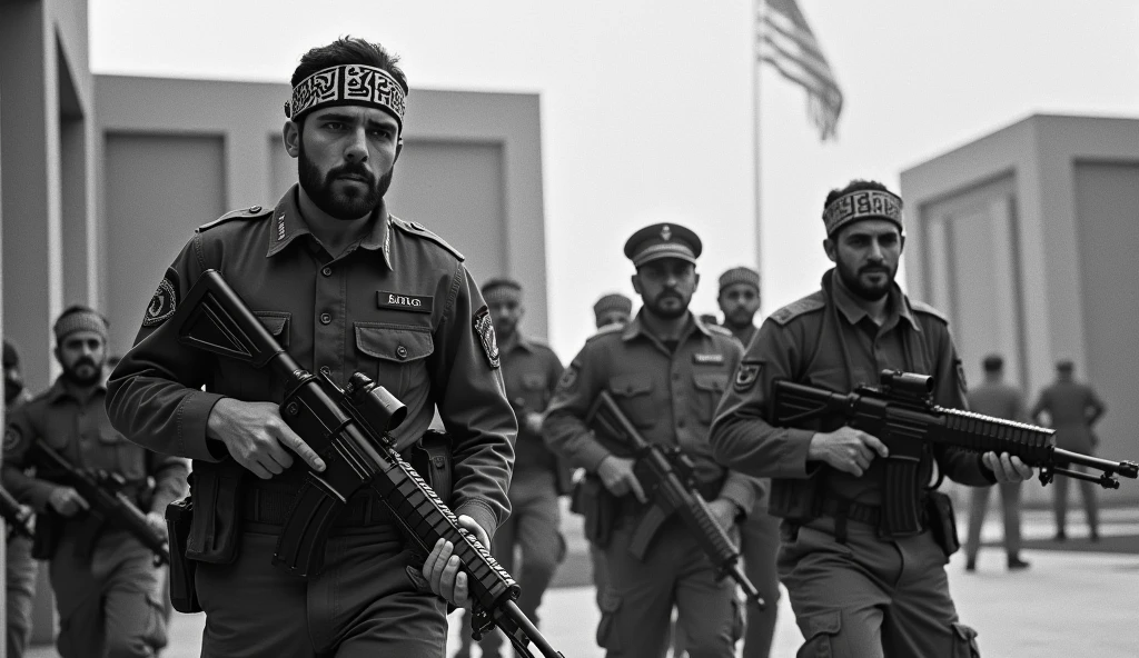 An old photograph depicting the moment Iranian revolutionary guards entered the U.S. Embassy in Tehran during the hostage crisis. The guards, wearing military fatigues and headbands with revolutionary slogans, are captured forcefully entering the embassy grounds. The building is detailed with the American flag being lowered in the background. The grainy, slightly faded image reflects the tension and gravity of the event, captured with the cameras of the time.
