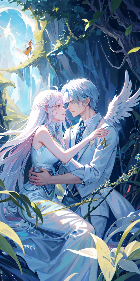 （（tmasterpiece：1.2，best qualtiy），tarot cards：1.3，Lovers' Cards,Beautiful men and women.
Under the shining sun, an archangel, arms outstretched wide, is pouring his power down to earth. The man and woman in the foreground are Adam and Eve, symbolizing human instinct. They are the first man and woman to live happily in an earthly paradise.
Adam symbolizes masculinity and Eve symbolizes femininity, but they are looking at each other in different directions.

They also have different types of trees behind each other, indicating that there are differences in values between the sexes, such as the male's “reason” and “ability to think,” whereas the female's “senses,” “sensitivity,” and “intuition” are different.

They are both sinners who were tempted by the serpent, the devil incarnate, and banished from paradise after eating the forbidden fruit. But the two people depicted in this card are still in their pre-sin state, so they can make any choice they want to make in the future.

Eve is looking up at the Archangel, who provides healing and symbolizes superconsciousness, and it is important to make decisions that utilize her “senses” and “sensitivity” in order to make choices that will allow the two men and women to both be happy and harmonious and receive blessings from heaven.

Will Eve be able to overcome the temptation of the serpent who recommends the fruit of the tree of wisdom and make a good choice? What choice are you trying to make now?