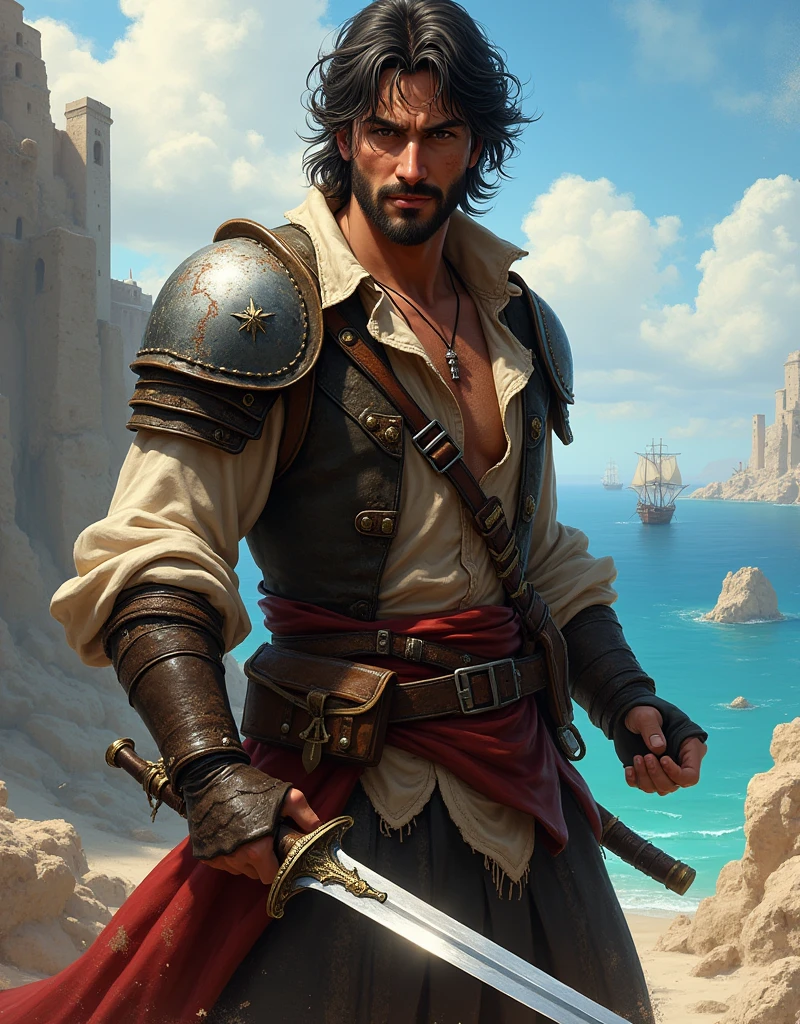 1man swashbuckler duelist rogue medieval mediterranean raggedclothes rapier cocky smile pirate lightlyarmored