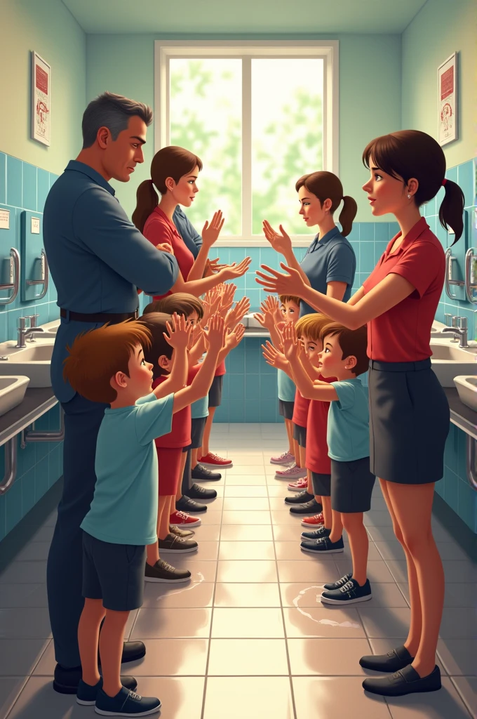 Teachers checking if children have washed their hands properly