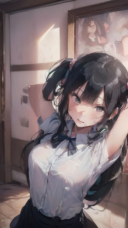 (must be follow these prompts:2.2),masterpiece,best quality,extremely detailed,(in her clothing:2.5),(in her workwear clothing:2.6),(adorable expression:2.6),(usual face:2.6),(displayed one girl on single picture:2.6),(Black hair twin tails:2.1),(A lively and cute high school girl:1.9),(The high school girl has long sexual intercourse with the male workers around her and receives ejaculation into her vagina every day, and she has to adjust her work clothes after they get messed up during the intense sex.:2.0),(The high school girl continues to work in her work clothes, even though the smell of semen is emitting around her.:1.8),(A large amount of semen remained in the high school girl's vagina for about a week without being washed away.:1.8),(The high school girl's work jacket and trousers still had dried semen on them.:1.7),(The high school girl looks young, but she's actually voluptuous.:2),(The high school girl may look young, but she has had vaginal ejaculation tens of thousands of times, and her vagina is covered in old semen.:2.4),(The high school girl has surprisingly extensive sexual experience with men.:2.1),(The high school girl has short, thick legs.:2.1),(The female high school student was wearing work clothes that had been semen ejaculated into them a long time ago, and the semen had turned a pale amber color.々Stands out in:1.7),(The crotch area of the work pants worn by the high school girl smells bad due to sweat and love juices.:2.0),(The high school girl has a very cute face and is very petite.:2.6),(Over the years, the high school girl has led countless penises to inside her vagina.:2.1),(Lewd love juices are dripping down the inner thighs of the high school girl's work pants.:1.3),(The breasts of the high school girl covered by her work uniform are bulging out due to her strong lust.:2.8),(she was already stroked up to the depth intervaginal sensuous spot:1.8),(A young, shy moan:1.5),(having big breasts in her clothing:2.8),(A high school girl with an innocent look working while sweating:2.3),(The high school girl is short but has a slightly plump body.:2.1),(The crotch area of the work pants worn by the high school girl has become discolored due to love juice soaking in.:2.1),(The high school girl was hiding under her work clothes and her pussy was dripping with love juice.:2.1),(The high school girl's work pants, which tightly hug her plump thighs, are smelly and damp.:2.0),(The high school girl endures the fact that her genitals are getting sticky, but she keeps her work pants on.:2.1),(A high school girl who is always holding her crotch over the work clothes she has been wearing for a long time:2.1),(A moan filled with childish embarrassment:1.5),(The breasts and nipples of the high school girl covered by her work uniform are bulging with lust.:2.6),(The female high school student is working diligently:2.5),(The high school girl's legs are short and thick.:2.2),(she looks like japanese idol:2.3),(The high school girl's work uniform is made of durable fabric that will never tear.:3.3),(Her breasts are completely hidden under her work clothes:2.9),(she looks like a lolita:2.0),(All of this happened to the high school girl herself, not anyone else.:3.5),(Make sure to depict the face:5.3),(Innocent face:3),(The film depicts just one high school girl.:3.3),(The only characters are the high school girls.:4.2),(Portrait Style:5)