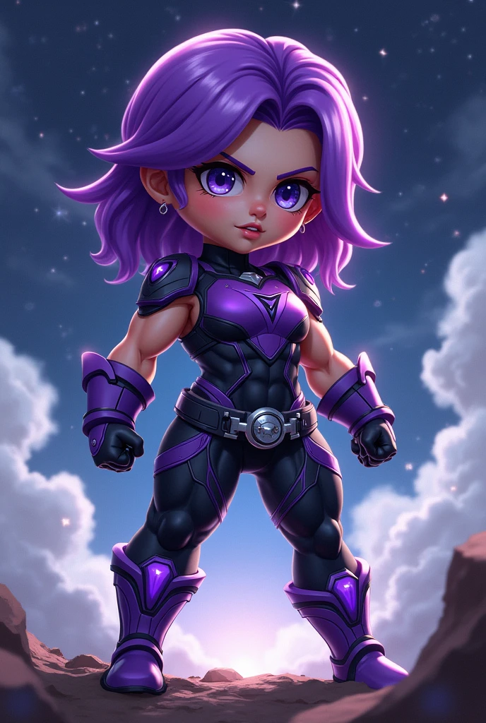 Create an image of a purple haired power ranger clothes, chibi muscle girl, night, sky, thicc, muscle legs,