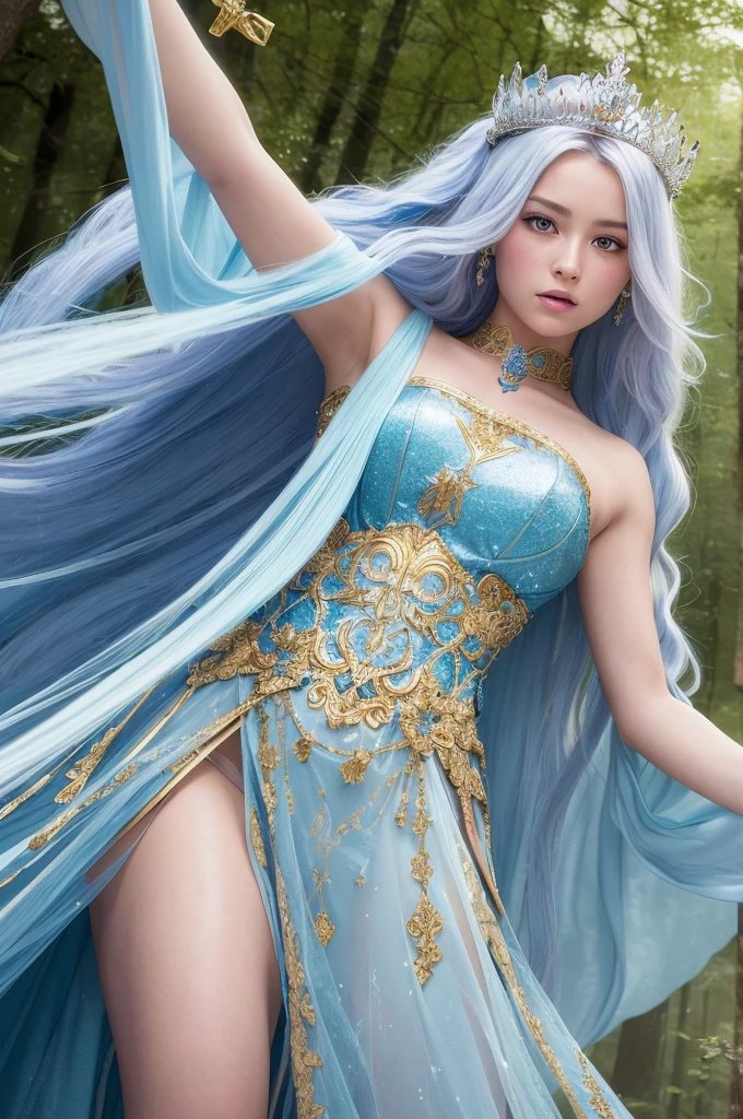 8k, RAW photo, best quality, masterpiece:1.2), (realistic, photo-realistic:1.4), (extremely detailed 8k wallpaper),Create a high-resolution fantasy illustration of a warrior princess in an enchanted forest. The princess wears intricate, shining silver armor with gold accents and a flowing royal blue cape. Her long, flowing hair is adorned with a delicate silver tiara, and she holds a glowing magical sword. The background features a mystical forest bathed in soft, ethereal light with sparkling fairy dust floating in the air. The princess's expression is determined and confident, with a sense of nobility and grace. Her eyes are fierce, yet there is a hint of gentleness, making her a captivating and strong character.
