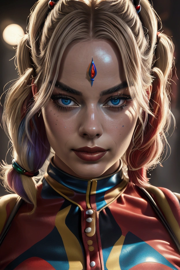 Portrait of Margot Robbie as a clown at the crowded party, wearing black-red closed clown suit, harley quinn style, his face is illuminated by neon lights, looks like harley quinn, violet color, He stands up, model photography style (Extremely detailed CG unity 8k wallpaper), Full frame photography of the most beautiful work of art in the world., professional, trend in artstation, trend on CGSociety, Intricate, Very detailed, clear focus, dramatic, Photorealistic painting by Midjourney and Greg Rutkowski