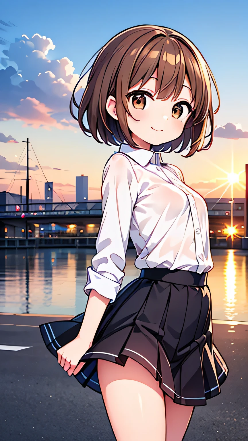 One girl、1、(Brown hair short cut)、Beautiful brown hair、Perfect Face、Shiny skin、Friendly smile、Very clear, reflective brown eyes、Slightly chubby、Small breasts、buttocks are small、A girl in a white button-down shirt and a tight skirt、Let's think step by step,Highest quality、masterpiece、 Ultra-high resolution 、8k、Show anime style 、Soft Line Art、Digital Enhancement、 shojo anime touch, shojo manga core, Flowing fabric、Soft Drawing、 Ultra-Definition Digital Anime Art、 Clear facial depiction、Super detailed girl cartoon character art、 Ultra-detailed manga style、 Highest qualityの色、Walking around the city、Back view、Clouds in the sky、Warm and soft sunset、A pleasant breeze blows、Beautiful hair blowing in the wind
