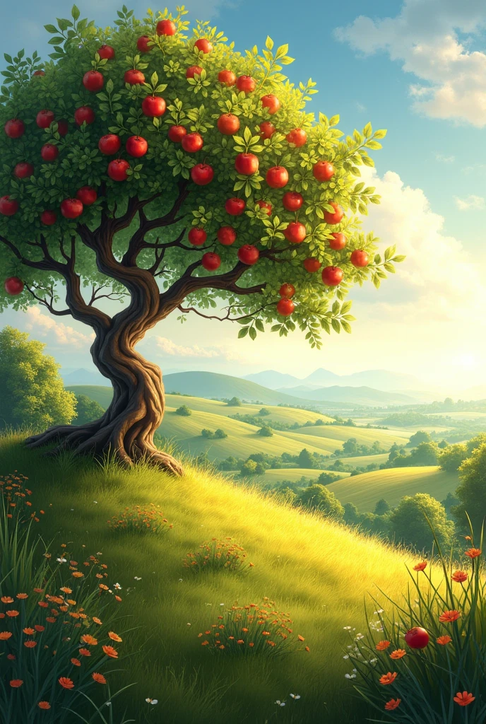 an apple tree on a hill in the hot sunny countryside 