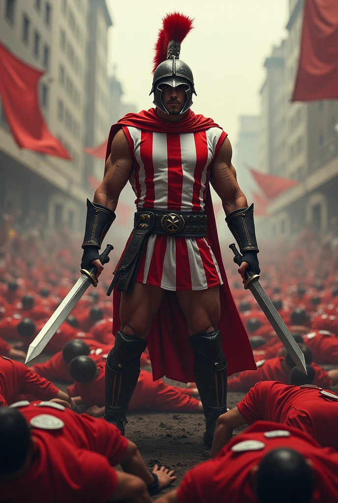 Gladiator with helmet and swords dressed in red and white striped sports shirt over many dead lawyers dressed in red sports shirt lawyer suit with lots of black