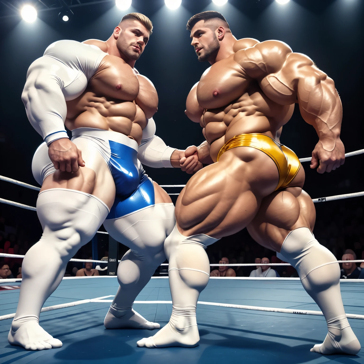 full view full body, Two different white very small but enlarged men, over-bodybuilded, over-inflated and over-muscled on steroids, stuffed like gorets, they are as wide as they are tall, blond with short undercut cuts, in shiny white latex skinsuits and white socks, pierced nipples with gold rings ans chains. fiercely wrestling in a wrestling ring in their white socks , no shoes There are spectators around. Their feet in nice white socks muste be seen