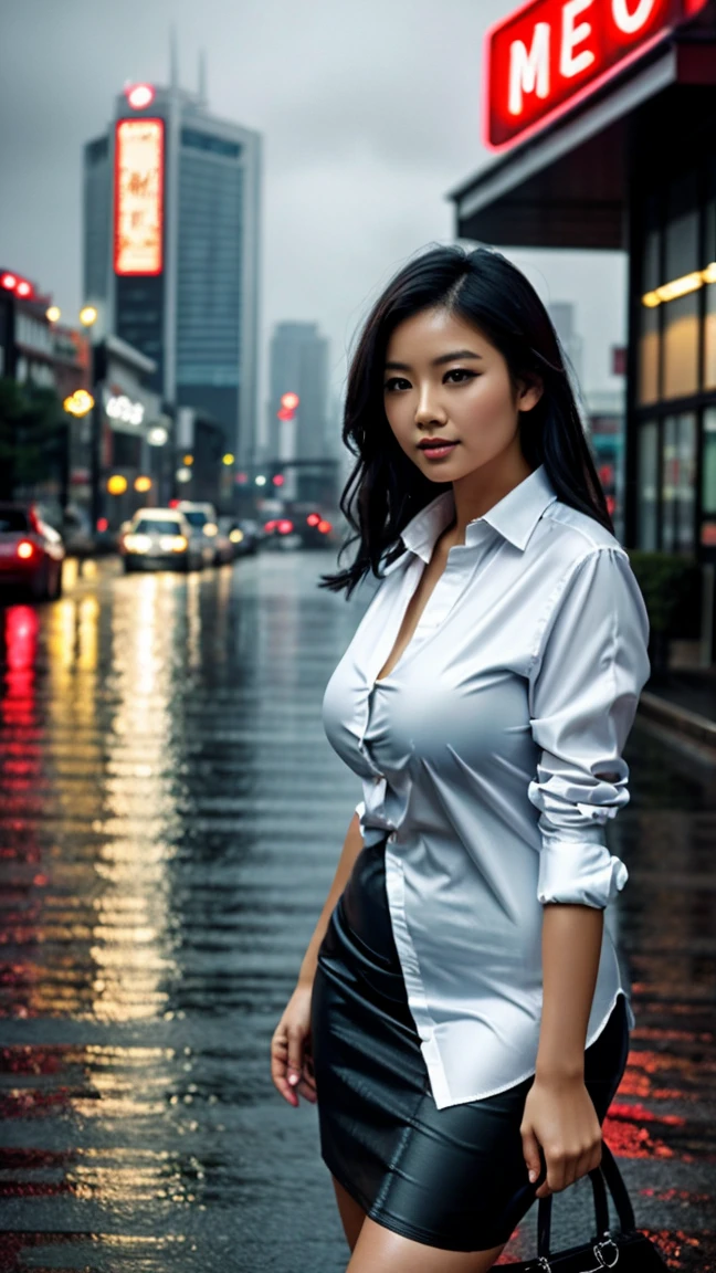 A picture of a voluptuous and self-confident Asian woman in a wet dress., Slim fit button down shirt and sleek pencil skirt, standing under a cityscape rain, dramatically lit, extremely detailed, ultra realistic, 10k high resolution, in the style of oil painting, watercolor, and coal, combining elements of realism, Impressionism, and film noir.