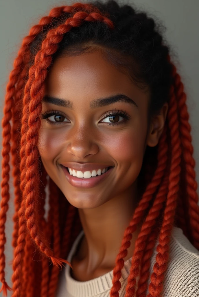 realistic portrait of a young dark skinned woman with long red afro braids, with freckles on her face and a friendly smile
