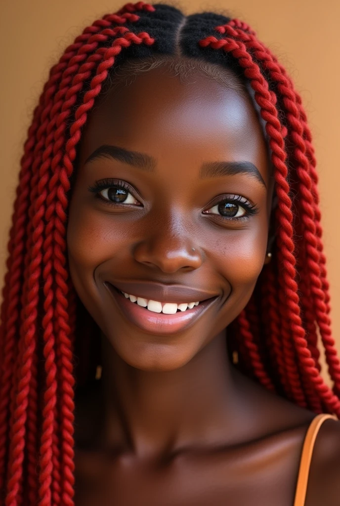 realistic portrait of a young dark skinned woman with long red afro braids, with freckles on her face and a friendly smile
