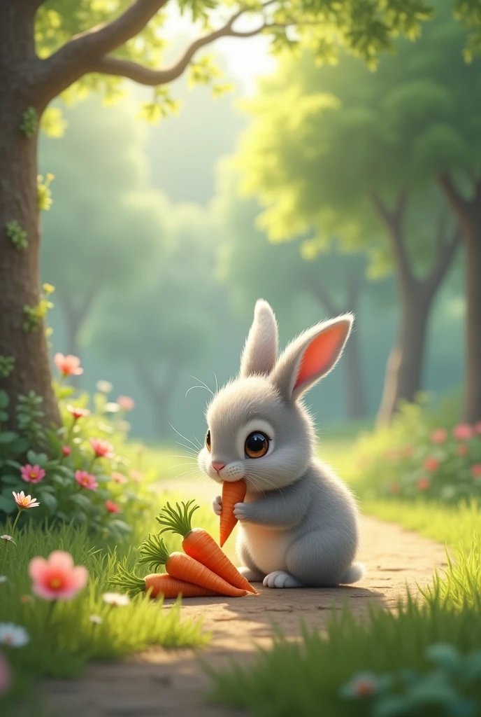 In a beautiful park there is a cute animal, a rabbit, who is eating carrots.