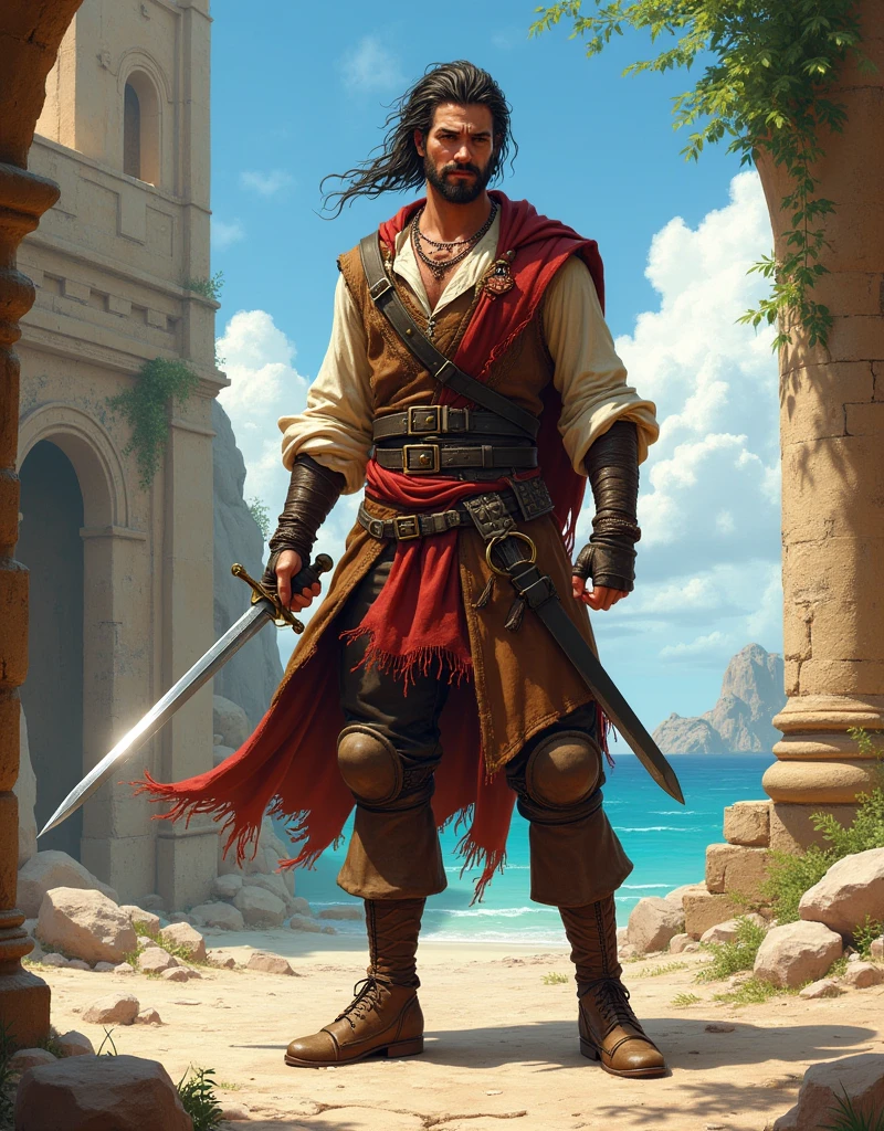 1man duelist rogue medieval mediterranean raggedclothes rapier cocky smile pirate lightlyarmored