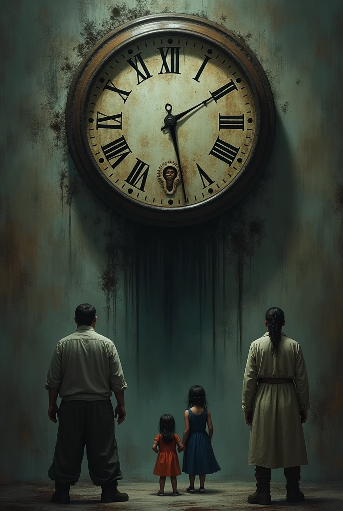 Generate an image showing a large wall clock, with its gears visibly exposed and showing a threatening aspect, as if it were a predatory beast. instead of numbers, the clock face may have framed portraits of past generations, each aged and partially consumed, suggesting that time has "devoured" these generations. Ao fundo, a family may be present, in poses that convey the feeling of loss and the passage of time, with melancholic or reflective expressions. A imagem, Thus, conveys the idea that time, symbolized by the clock, is a relentless force that consumes generations of a family.