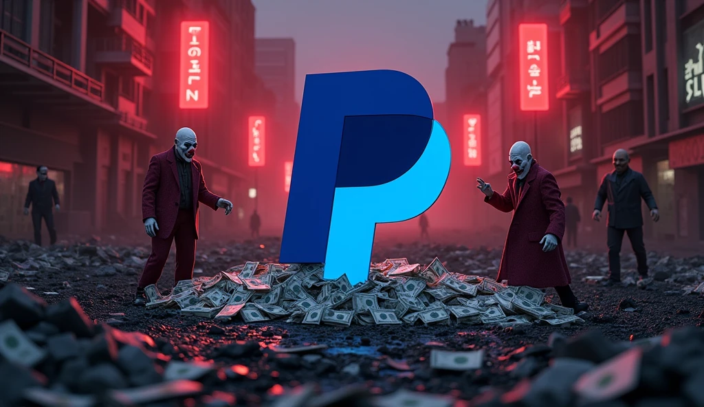 PayPal 3D logo in a devastated city at night with mafia clowns, money flying, corruption, dark red lights