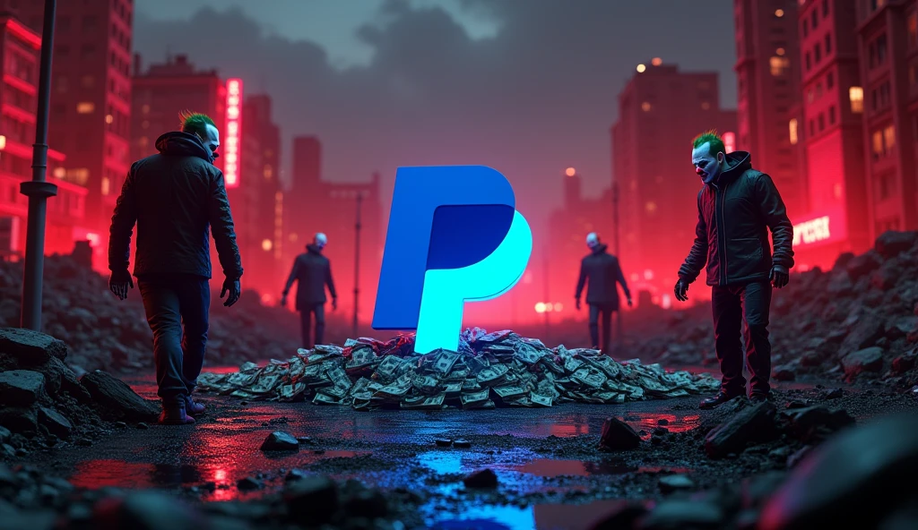 3D PayPal logo embedded in the ground of a devastated city at night, with mafia clowns, money flying, corruption, red lights