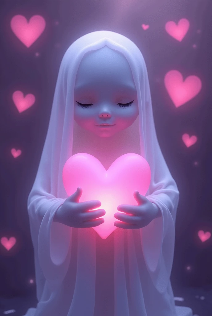 tender ghost with a heart in his hand with a background of purple shiny hearts