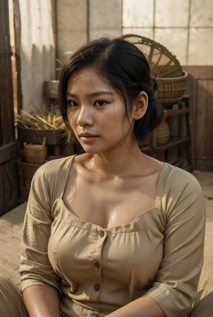 1girl, beautiful detailed female vietcong woman, young, vietnam, southeast asia, southeast asian face, voluptuous, curvaceous, short, thicc, thick thighs, natural, natural lashes, no makeup, glistening sweat, cute face, tiny nose, light skin, small eyes, traditional clothing, arafed woman, vietnamese farmer, vietnam harvest, vietnam rural travel, vietnamese woman, traditional vietnam, rural vietnam, in bed, makeshift bed, fields, impoverished, disheveled, farmer, farming, messy thick luscious hair, jet black hair, tied short hair, short hair, traditional hairstyle, cute hairstyle, cute haircut, detailed face, penetrating eyes, beautiful detailed lips, extremely detailed skin, detailed clothing, colorful clothing, (best quality,4k,8k,highres,masterpiece:1.2),ultra-detailed,(realistic,photorealistic,photo-realistic:1.37), natural lighting, warm color tones, cinematic composition