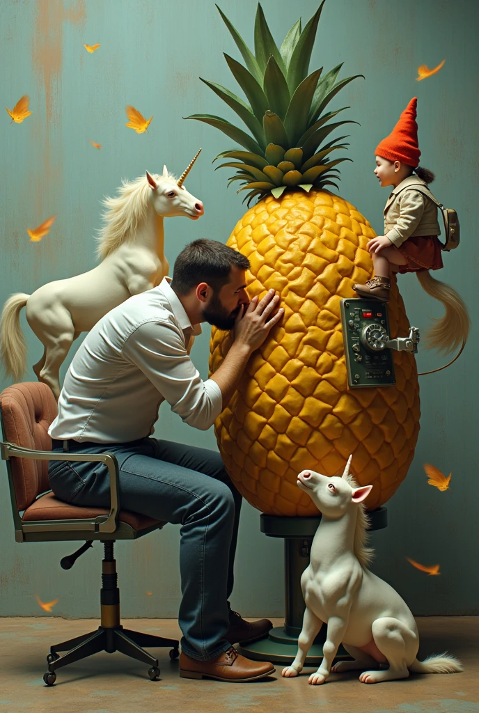 A man sits behind a machine called a pineapple , and the man behind the wheel kisses the pineapple , not a car but just a pineapple , and a unicorn runs along with a yashina and a gnome runs to the side