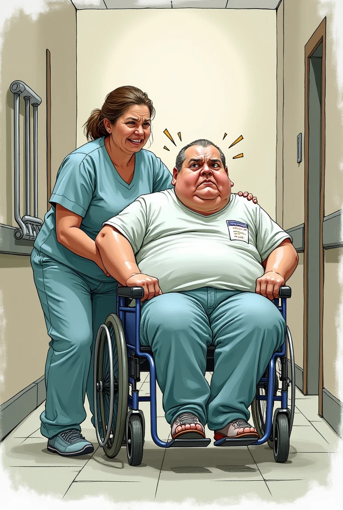 In the hand drawing style. 
  Obese patient with worried expression, is sitting in a wheelchair that seems too small for him.A nurse pushes a wheelchair down the hallway, with expression of effort. Rod rack, with a visibly misaligned wheel.


