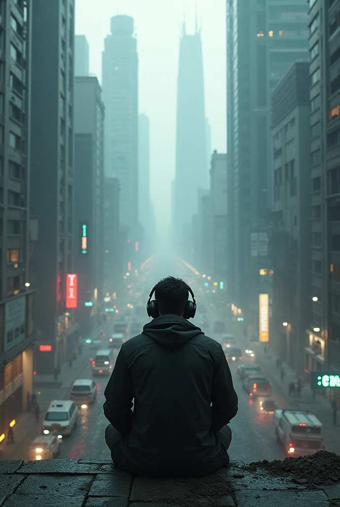 Man alone listening to music facing a cyberpunk apocalyptic world seen from above