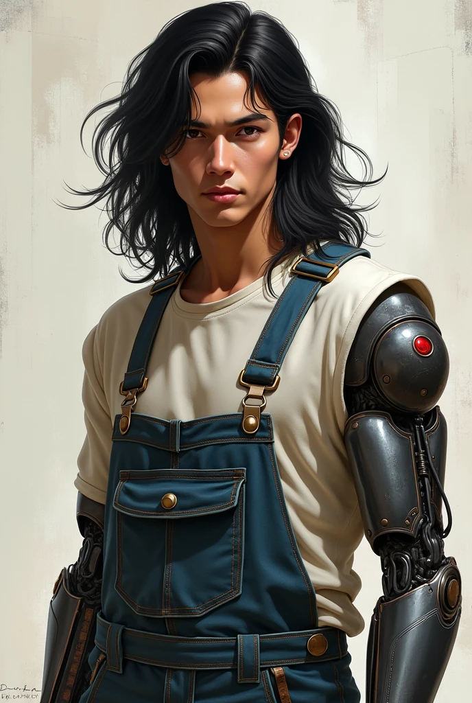 A handsome young man with long black hair in overalls with a bionic arm 