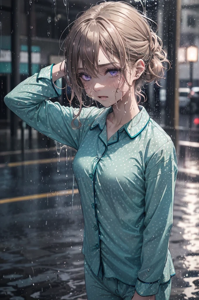 ((Teal coloured buttoned up pyjama shirt)), (naked bottoms, wearing nothing but her shirt), 1girl, raining heavily, (patterned pyjamas), outside, short caramel-blonde hair sticking to her face, depressed purple eyes, teal coloured pyjama shirt, nighttime, very dark, soaking wet, wet through, wet clothes, almost naked, small breasts, outside at nighttime, in the streets, dark background, dark, very dark night, realistic colour, 1 colour shirt, soaking wet pyjamas, wet though, dripping wet, a hint of nipples, purple eyes, alluring depressed eye, cold dark night, flushed cheeks, braless, bare legs, bottomless, faint nipples pressing through, NSFW