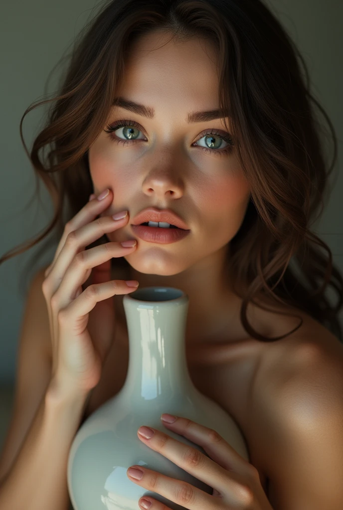 a beautiful naked young woman hiding her nipples and genitals with a vase, detailed face, beautiful detailed eyes, beautiful detailed lips, extremely detailed eyes and face, long eyelashes, super big breasts, realistic, photorealistic, photo-realistic, 4k, 8k, highres, masterpiece, ultra-detailed, HDR, UHD, studio lighting, ultra-fine painting, sharp focus, physically-based rendering, extreme detail description, professional, vivid colors, bokeh, portrait