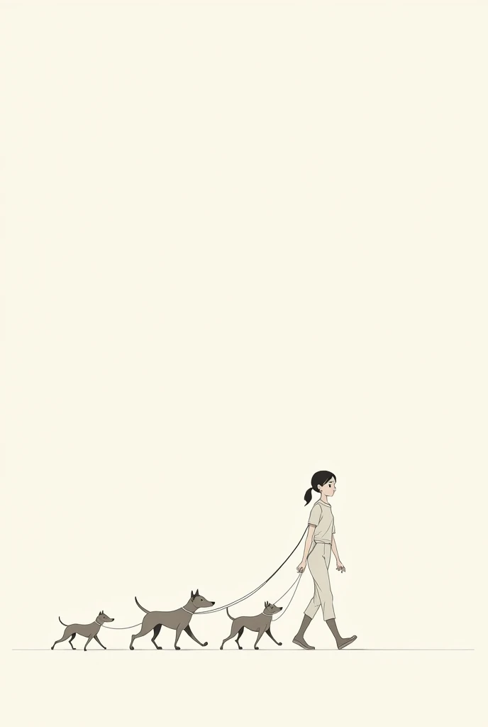 Generates the image of a girl walking 3 dogs with pure line
