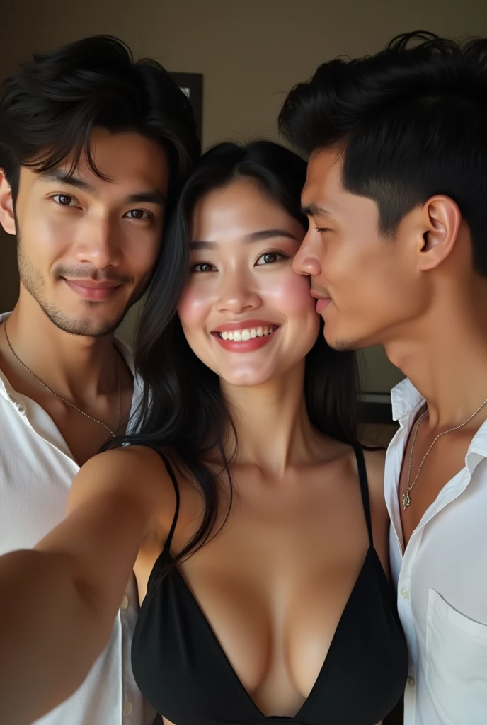 A realistic photo of three Thai siblings. (2 men, 1 woman) A sexy black-haired young woman in a black bra is taking a selfie and is clearly visible with her husband and lover., The three of them were excited about the situation and enjoyed the teasing., Hugs, kisses, and passionate kisses. She looked so excited and her boobs were showing.., 