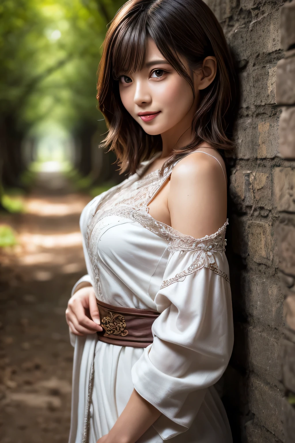 ((masterpiece)), ((best quality)), (ultra-detailed), ((kawaii)), cute, (lovely), (extremely detailed), 4K, (8K), best quality, (beautiful), illustration, upper body, (stand against the wall), folding arms, a pretty woman, solo, sorceress, ((sorceress costume)), intricate robes, (short bob), (beautiful hair), ((beautiful eyes)), light smile, blush, ancient ruins, (enchanted grove),