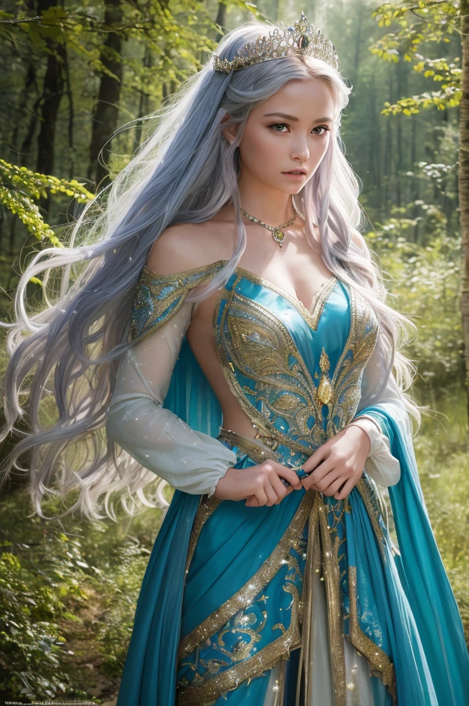 8k, RAW photo, best quality, masterpiece:1.2), (realistic, photo-realistic:1.4), (extremely detailed 8k wallpaper),Create a high-resolution fantasy illustration of a warrior princess in an enchanted forest. The princess wears intricate, shining silver armor with gold accents and a flowing royal blue cape. Her long, flowing hair is adorned with a delicate silver tiara, and she holds a glowing magical sword. The background features a mystical forest bathed in soft, ethereal light with sparkling fairy dust floating in the air. The princess's expression is determined and confident, with a sense of nobility and grace. Her eyes are fierce, yet there is a hint of gentleness, making her a captivating and strong character.