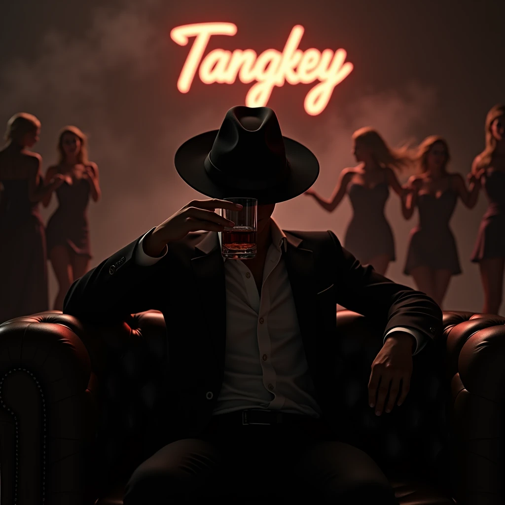 Create a realistic image where a 20 years old boy wearing black luxury suit and wearing a circular cap and hiding his face with cap and sitting on sofa and there is a small banner name of tango, he's holding a whiskey glass 🥂 in his hand, there is smoke in background and girls are dancing. In background the name "whiskey" is showing in bold and glowing effects