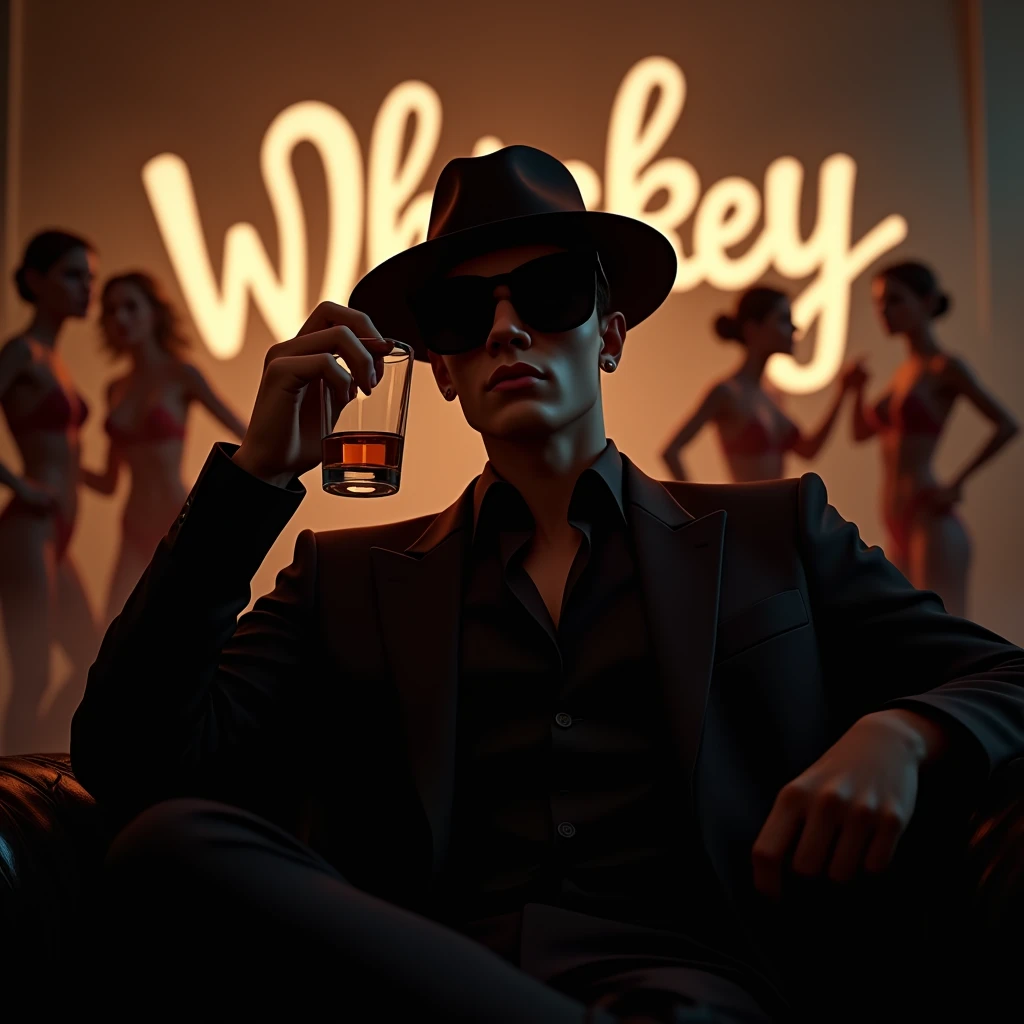 Create a realistic image where a 20 years old boy wearing black luxury suit and wearing a circular cap and hiding his face with cap and sitting on sofa and there is a small banner name of tango, he's holding a whiskey glass 🥂 in his hand, there is smoke in background and girls are dancing. In background the name "whiskey" is showing in bold and glowing effects 