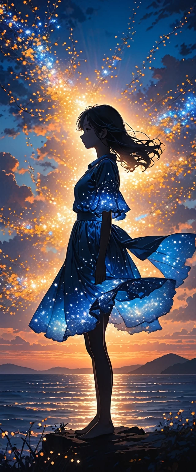 The image depicts a silhouette of a girl standing against a stunning sunset background. The sky transitions from a deep White, near the horizon to a deep Electric blue as it ascends. The figure appears to be enveloped in a series of tiny glowing fairy lights, some of which are illuminated, creating a stunning and captivating contrast to the dark silhouette. The figure appears to be holding out one arm, perhaps adjusting to or interacting with the lights. The overall mood of the image is peaceful and magical.