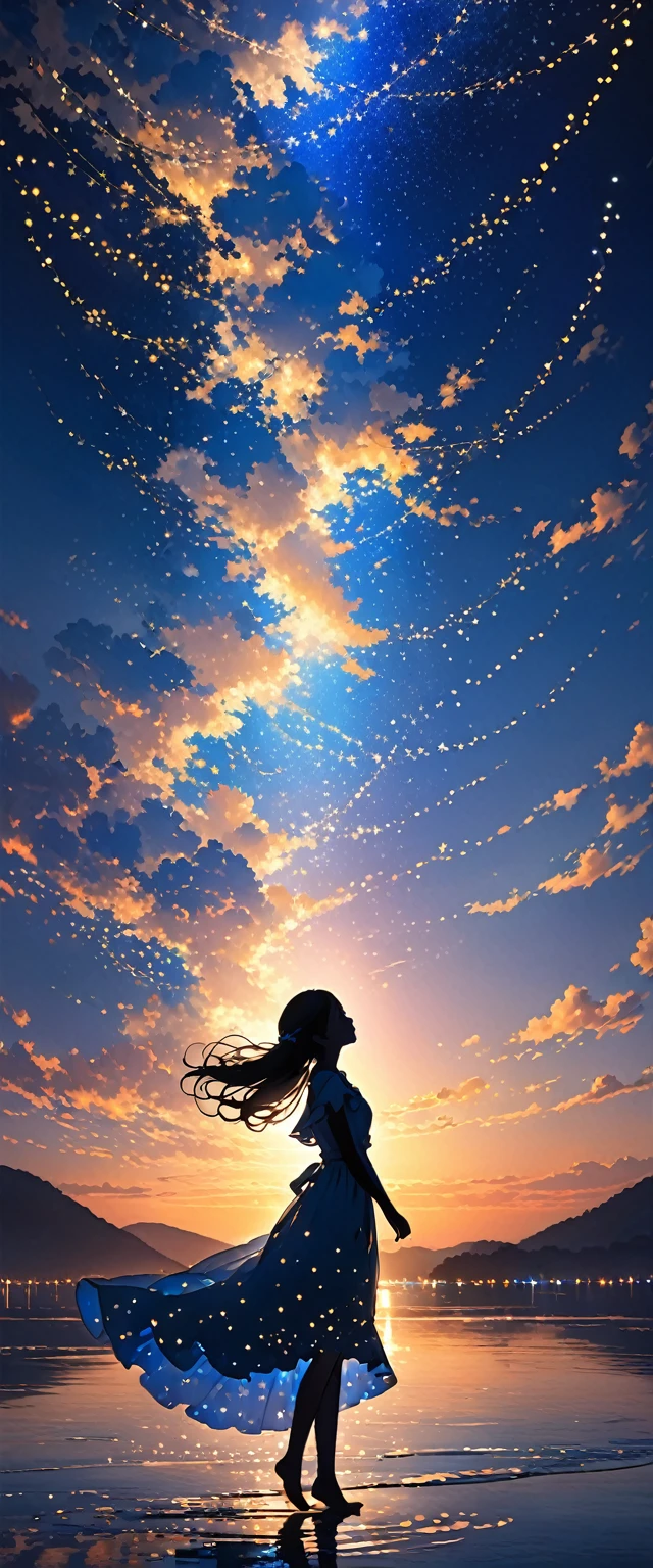 The image depicts a silhouette of a girl standing against a stunning sunset background. The sky transitions from a deep White, near the horizon to a deep Electric blue as it ascends. The figure appears to be enveloped in a series of tiny glowing fairy lights, some of which are illuminated, creating a stunning and captivating contrast to the dark silhouette. The figure appears to be holding out one arm, perhaps adjusting to or interacting with the lights. The overall mood of the image is peaceful and magical.