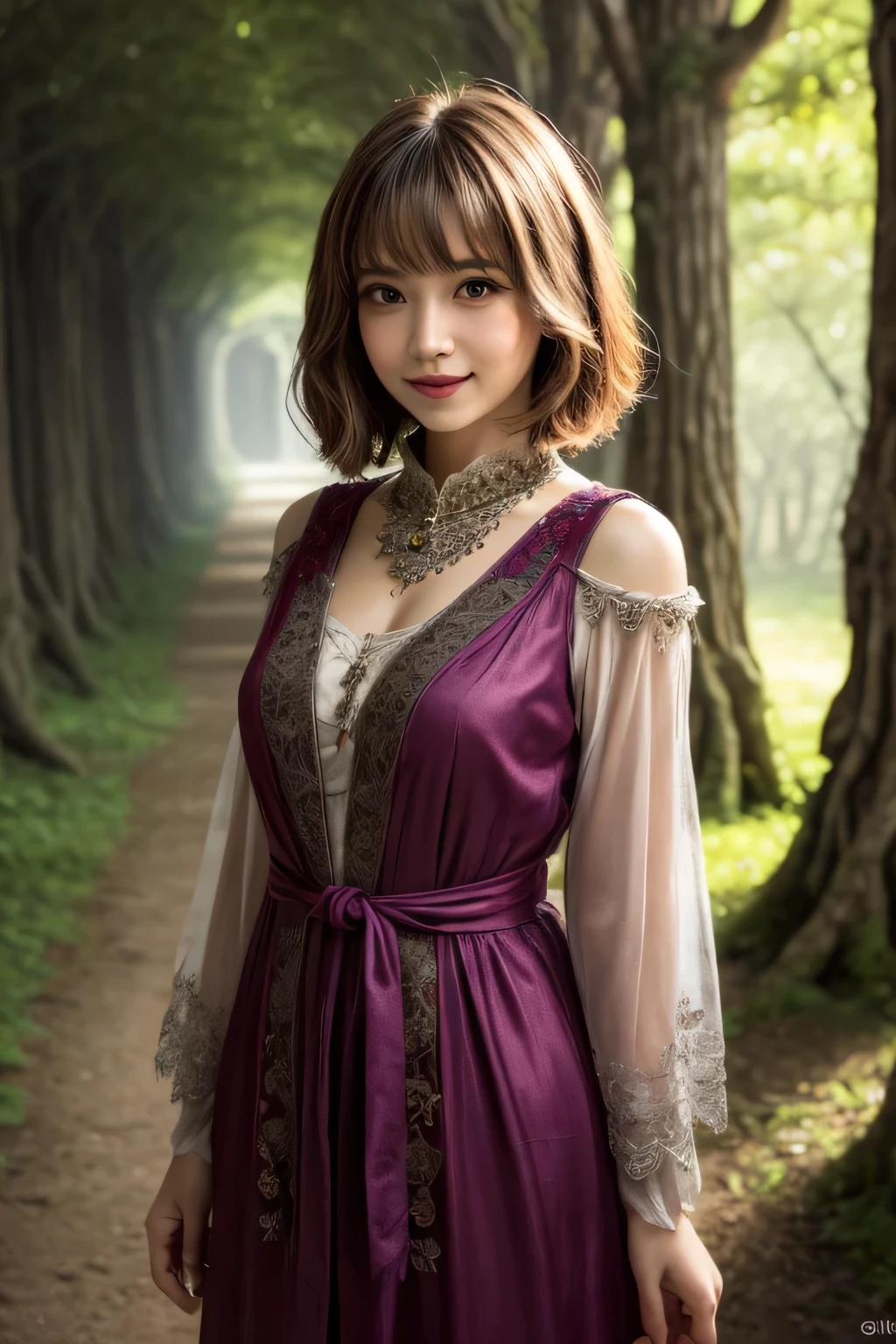 ((masterpiece)), ((best quality)), (ultra-detailed), ((kawaii)), cute, (lovely), (extremely detailed), 4K, (8K), best quality, (beautiful), illustration, upper body, (stand against the wall), folding arms, a pretty woman, solo, sorceress, ((sorceress costume)), intricate robes, (short bob), (beautiful hair), ((beautiful eyes)), light smile, blush, ancient ruins, (enchanted grove),