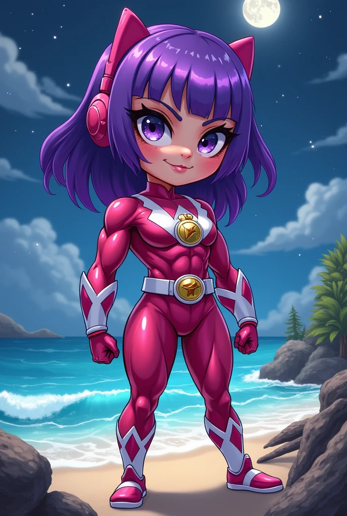 Create an image of a purple haired power ranger clothes, chibi muscle girl, night beach, sky, thicc, muscle legs,