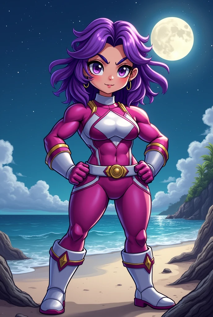 Create an image of a purple haired power ranger clothes, chibi muscle girl, night beach, sky, thicc, muscle legs,