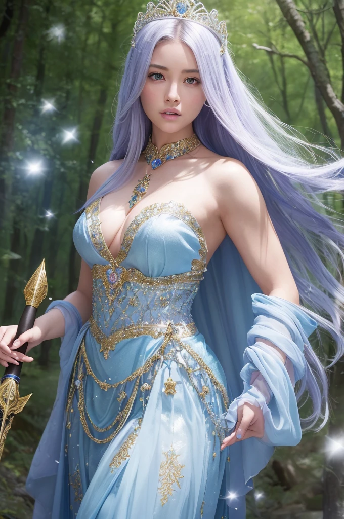 8k, RAW photo, best quality, masterpiece:1.2), (realistic, photo-realistic:1.4), (extremely detailed 8k wallpaper),Create a high-resolution fantasy illustration of a warrior princess in an enchanted forest. The princess wears intricate, shining silver armor with gold accents and a flowing royal blue cape. Her long, flowing hair is adorned with a delicate silver tiara, and she holds a glowing magical sword. The background features a mystical forest bathed in soft, ethereal light with sparkling fairy dust floating in the air. The princess's expression is determined and confident, with a sense of nobility and grace. Her eyes are fierce, yet there is a hint of gentleness, making her a captivating and strong character.