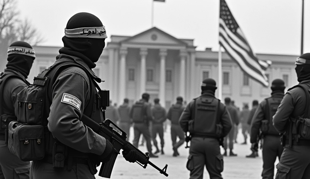 An old photograph depicting the moment Iranian revolutionary guards entered the U.S. Embassy in Tehran during the hostage crisis. The guards, wearing military fatigues and headbands with revolutionary slogans, are captured forcefully entering the embassy grounds. The building is detailed with the American flag being lowered in the background. The grainy, slightly faded image reflects the tension and gravity of the event, captured with the cameras of the time.
