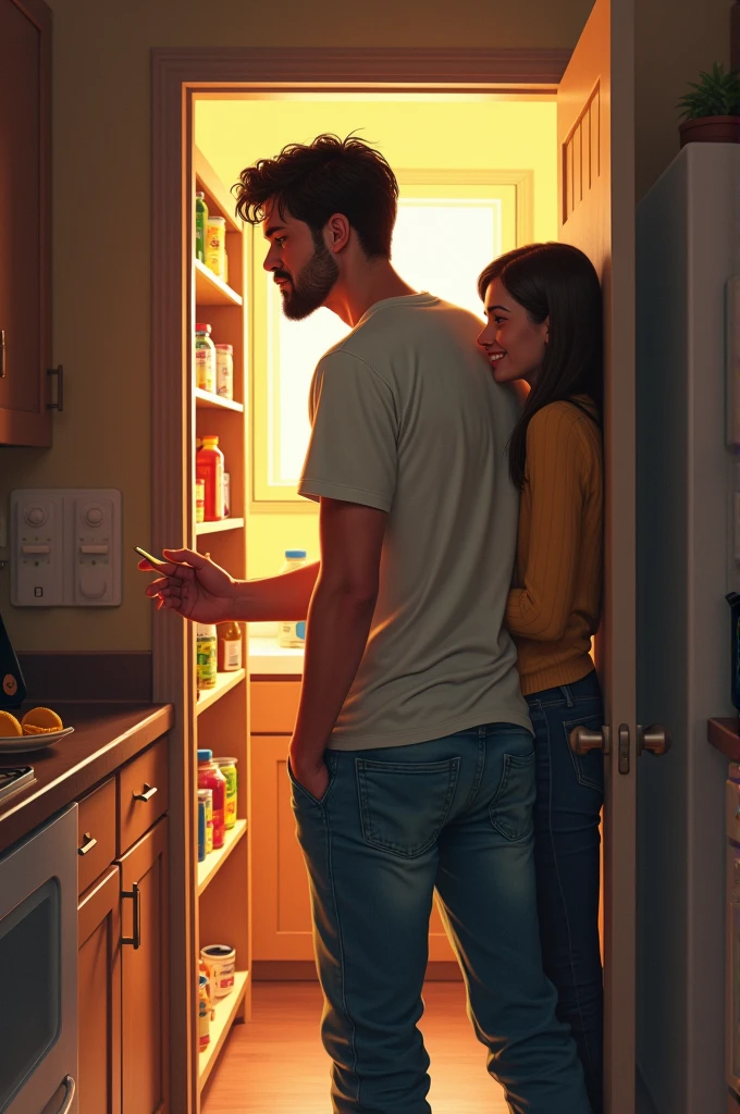 Easy image to draw of a man looking for food in the pantry and his partner looks out