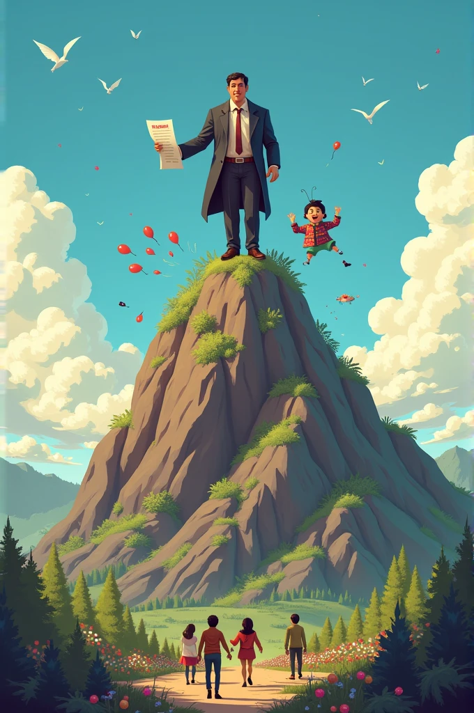 

1. *Orders*: A tall and authoritative character, dressed in a formal suit, holding a long list of rules. You could represent it with a determined expression and a background that shows an orderly environment., like a classroom or a library.

2. *traditions*: This character could be portrayed wearing a colorful jacket full of traditional patterns.. Your expression must be nostalgic, and the background could include festive elements such as balloons, Birthday cakes and typical decorations.

3. *Whims*: A small and mischievous being, with vibrant clothes and a big smile. Could be in a dynamic pose, jumping or running, in an environment that represents joy and curiosity, like a colorful forest or an amusement park.

4. *Mountain of Decisions*: An epic scene where the three characters are climbing a mountain. The landscape can be spectacular and magical, with bright clouds and vibrant colors that reflect the emotions.

5. *The magic mirror*: An illustration of the mirror on top of the mountain, with each character looking at him. Shows off his reflexes: Orders viendo a jóvenes estresados, traditions a jóvenes cansados, y Whims a jóvenes felices y explorando.

6. *The conclusion*: An image where the three characters are back in the Kingdom of Decisions, surrounded by young people laughing and enjoying a mix of rules, traditions and spontaneous moments. A cheerful background that represents harmony and diversity.

I hope these ideas are useful to you in visualizing and illustrating your story.. Good luck with your project!!