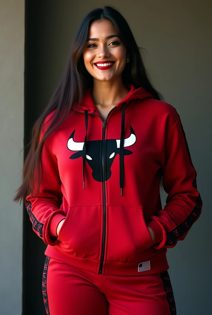 craft a hyper realistic full body length hourglass photo of north Indian beautiful face woman in her age 33, 38B cup breasts, Red Black round neck Sweater and Black jeans slim fit ]] [[Razor cut hair cut, full body pose, highly detailed, wearing Chicago Bulls Jordan hoodie jacket and tracks, cute smile, colorized, smooth, charming, pretty big sexy smile, red lipstick, soft lips, supple skin, attractive appearance,
